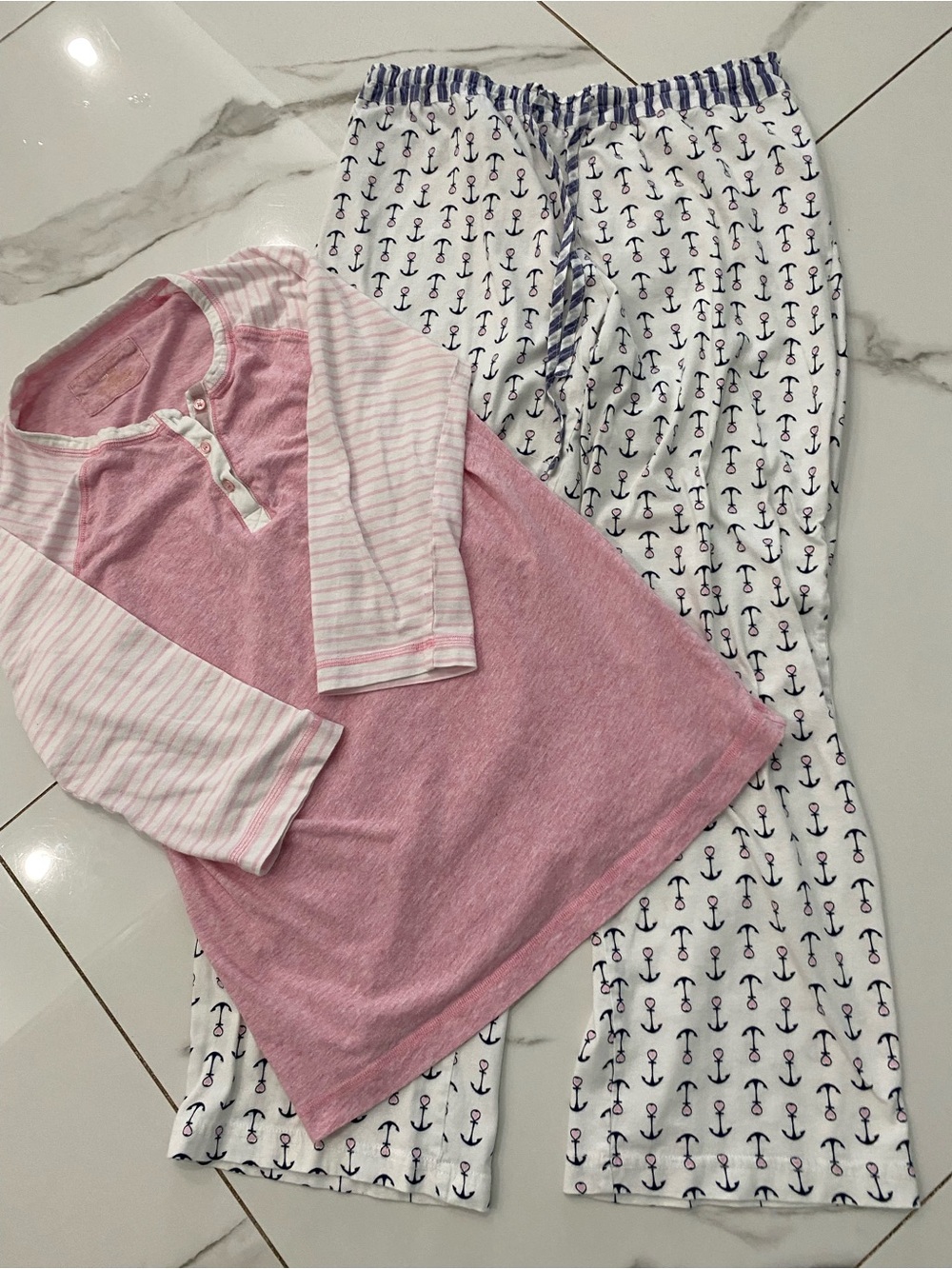 Nautica Pink & White Girls Pajama Set with Anchor Print Pants
